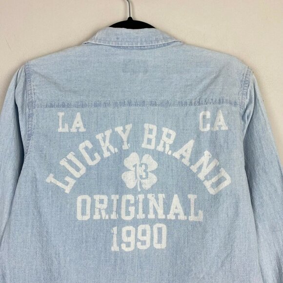Lucky Brand Boy's Blue Chambray Shirt Button Up Light Wash Spellout Boys Large - Picture 7 of 9